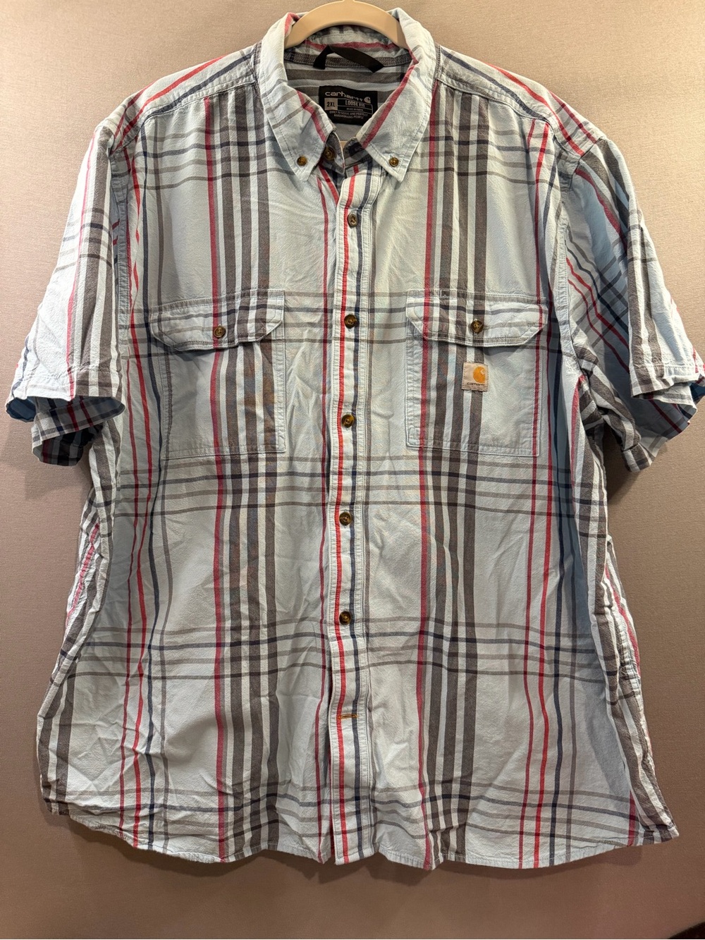 Carhartt Men’s Short-Sleeve Plaid Button-Up Shirt - Light Blue/Gray/Red 2XL